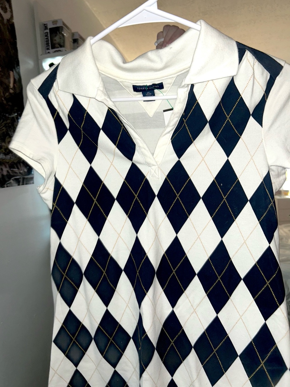 Tommy Hilfiger Preppy White and Navy Blue Argle Polo Shirt